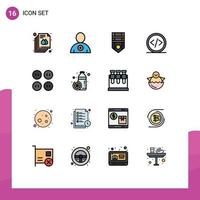 16 Thematic Vector Flat Color Filled Lines and Editable Symbols of clothes web military programming coding Editable Creative Vector Design Elements