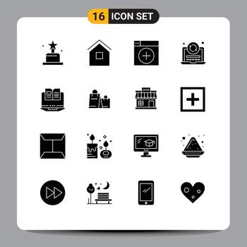 Solid Glyph Pack of 16 Universal Symbols of laptop reload add refresh app Editable Vector Design Elements