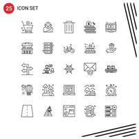 conjunto de pictogramas de 25 líneas simples de elementos de diseño de vector editables de dinero antiguo de computadora de pantalla