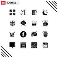 Set of 16 Vector Solid Glyphs on Grid for romantic moon scary love gas station Editable Vector Design Elements