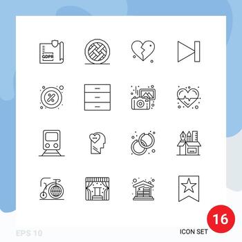 User Interface Pack of 16 Basic Outlines of next forward pie end heart Editable Vector Design Elements