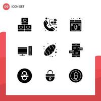 Modern Set of 9 Solid Glyphs and symbols such as bread server microphone pc computer Editable Vector Design Elements