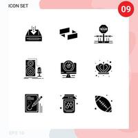 Modern Set of 9 Solid Glyphs Pictograph of microphone live crypto occupy military Editable Vector Design Elements