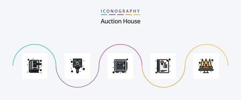 la línea de subasta llenó el paquete de 5 íconos planos que incluye la corona. signo. etiqueta. documento. dinero vector