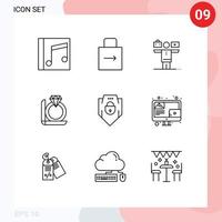 grupo de 9 esboza signos y símbolos para el anillo de protección de diamantes de caja reproducir elementos de diseño de vectores editables