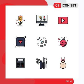Mobile Interface Filledline Flat Color Set of 9 Pictograms of plenet full youtube down play button Editable Vector Design Elements