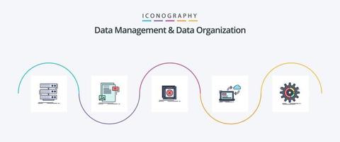 Data Management And Data Organization Line Filled Flat 5 Icon Pack Including data. sync. media. server. message vector