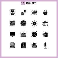 Group of 16 Modern Solid Glyphs Set for alert laptop planet essentials locked Editable Vector Design Elements