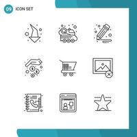 Pack of 9 creative Outlines of shopping cart business money saving hands Editable Vector Design Elements