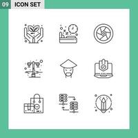 Group of 9 Outlines Signs and Symbols for emperor street time light television Editable Vector Design Elements