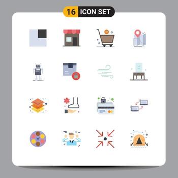 conjunto moderno de 16 colores planos y símbolos, como el mapa del carrito de navegación del robot, paquete editable gps de elementos de diseño de vectores creativos
