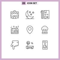 9 Thematic Vector Outlines and Editable Symbols of map romance code love camera Editable Vector Design Elements