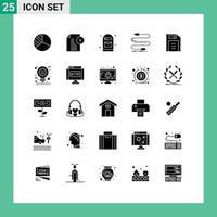 Set of 25 Commercial Solid Glyphs pack for floppy disk sound box cord audio Editable Vector Design Elements