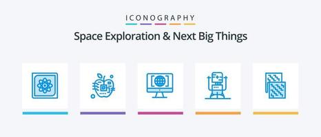 Space Exploration And Next Big Things Blue 5 Icon Pack Including machine. bot. digital. biochip. world. Creative Icons Design vector