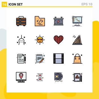 Modern Set of 16 Flat Color Filled Lines and symbols such as superstition sequencer battery digital application Editable Creative Vector Design Elements