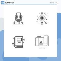 conjunto de pictogramas de 4 colores planos de línea de llenado simple de elementos de diseño de vector editables de tarjeta de linterna de grabación de educación de micrófono