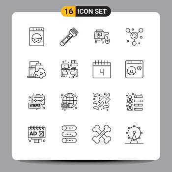 Pictogram Set of 16 Simple Outlines of pollution industry online factory molecule Editable Vector Design Elements