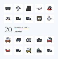 Paquete de iconos de color lleno de línea de 20 vehículos como furgoneta de transporte de vehículos de carro de coche vector