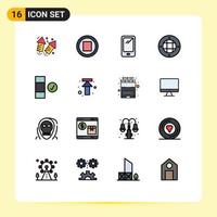 Group of 16 Flat Color Filled Lines Signs and Symbols for complete outdoor smart phone light interior Editable Creative Vector Design Elements