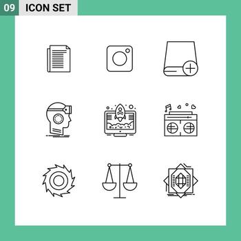 Editable Vector Line Pack of 9 Simple Outlines of virtual headset add googles gadget Editable Vector Design Elements
