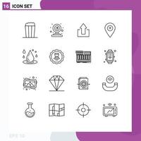 Universal Icon Symbols Group of 16 Modern Outlines of liquid drop up pin map Editable Vector Design Elements