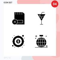 Pack of 4 Modern Solid Glyphs Signs and Symbols for Web Print Media such as card money hardware beach drinks target Editable Vector Design Elements