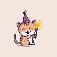 lindo gato de dibujos animados con fuegos artificiales en año nuevo ilustración simple gratis vector