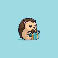 Vector cute cartoon hedgehog with gift box  free simple illustration