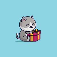 vector lindo gato de dibujos animados con caja de regalo ilustración simple gratis
