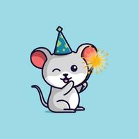 Cute cartoon mouse with fireworks in new year free simple illustration