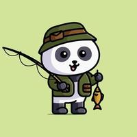 lindo pescador pescador panda con la caña y sosteniendo el pez dibujos animados ilustración animal aislado vector