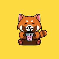 Cute red panda drink boba milk tea cartoon icon illustration free vector