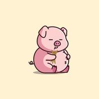 Cute cartoon fat pig is sitting and holding a grass to eat vector illustration