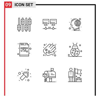 conjunto de esquema de interfaz móvil de 9 pictogramas de elementos de diseño de vector editables de código cifrado global de archivo de mano