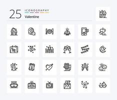 Paquete de iconos de 25 líneas de San Valentín que incluye fecha. romántico. amar. cena. charla romantica vector