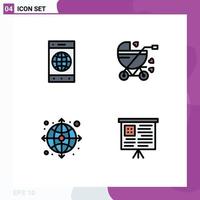 Filledline Flat Color Pack of 4 Universal Symbols of browser globe world buggy web Editable Vector Design Elements