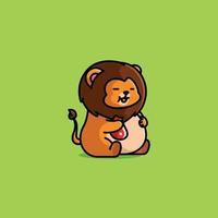 Cute cartoon fat lion is sitting and holding a meat to eat vector illustration