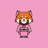 Cute national animal female red panda wearing japanese national dress  cartoon illustration vector