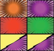 Comic book colorful frames background with halftone rays radial and dotted effects pop art style vector