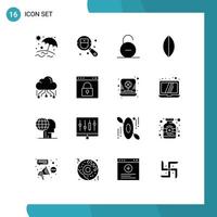 Pack of 16 Modern Solid Glyphs Signs and Symbols for Web Print Media such as share cloud padlock surfboard sport Editable Vector Design Elements