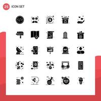 Set of 25 Commercial Solid Glyphs pack for heart star moustache reward gift Editable Vector Design Elements