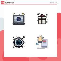 4 User Interface Filledline Flat Color Pack of modern Signs and Symbols of computer play laptop box global network Editable Vector Design Elements