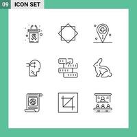 Mobile Interface Outline Set of 9 Pictograms of book brian health head medical Editable Vector Design Elements