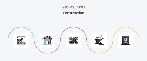 la línea de construcción llenó el paquete de iconos planos 5 que incluye el edificio. camión. casa. carretilla. carretilla vector