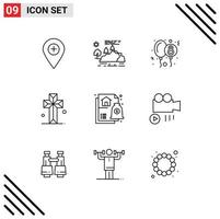 Set of 9 Modern UI Icons Symbols Signs for parish church mountain cathedral party Editable Vector Design Elements