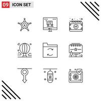 9 User Interface Outline Pack of modern Signs and Symbols of mountain balloon marketing adventure festival Editable Vector Design Elements