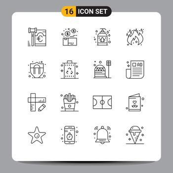 Modern Set of 16 Outlines Pictograph of shield motivation access product flame danger Editable Vector Design Elements