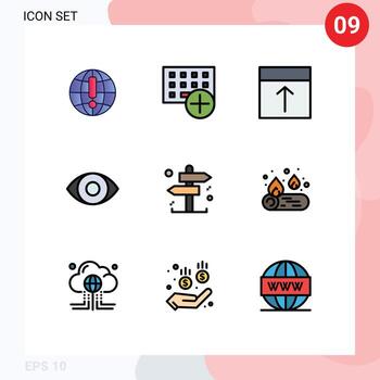 Editable Vector Line Pack of 9 Simple Filledline Flat Colors of business eye hardware degrees layout Editable Vector Design Elements