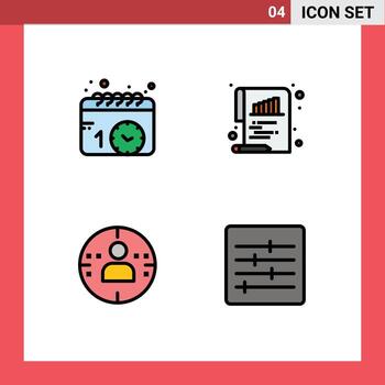 Mobile Interface Filledline Flat Color Set of 4 Pictograms of calendar profile watch document control Editable Vector Design Elements