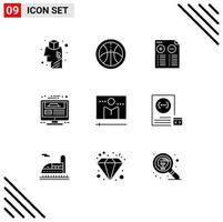 Set of 9 Vector Solid Glyphs on Grid for display report music website design web page Editable Vector Design Elements